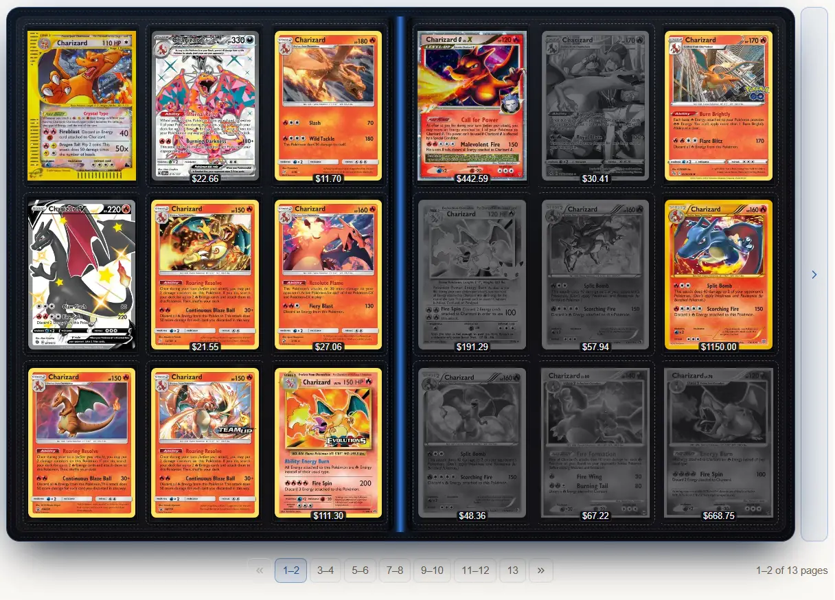 A PackFresh binder open to two pages of Charizard cards. Cards the collector owns are shown in full color with their current value beneath them; cards still missing from the set are dimmed to grey. Page controls run along the bottom, showing pages one and two of thirteen.